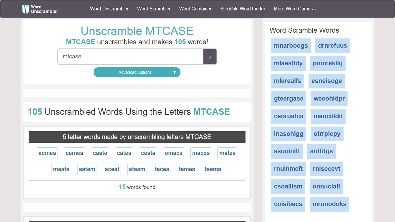 Unscramble MTCASE - Unscrambled 105 words from letters in MTCASE